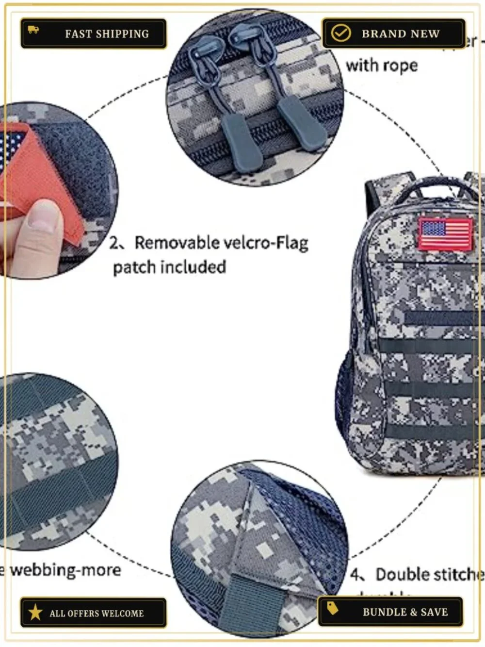 Tactical Camo Boys Backpack for School 40L, USB Port, Waterproof 900D Oxford,